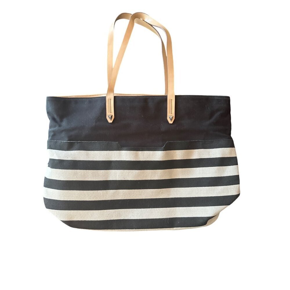 Hello Gorgeous Black & Beige Striped Canvas Tote Bag With faux Leather Handles